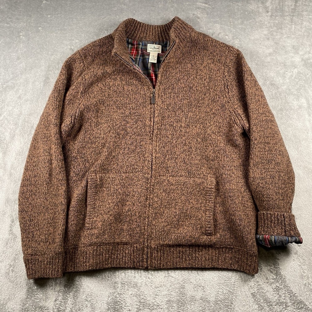 LL Bean Sweater Mens XL Brown Classic Ragg Lambs Wool Full Zip Lined Heavyweight